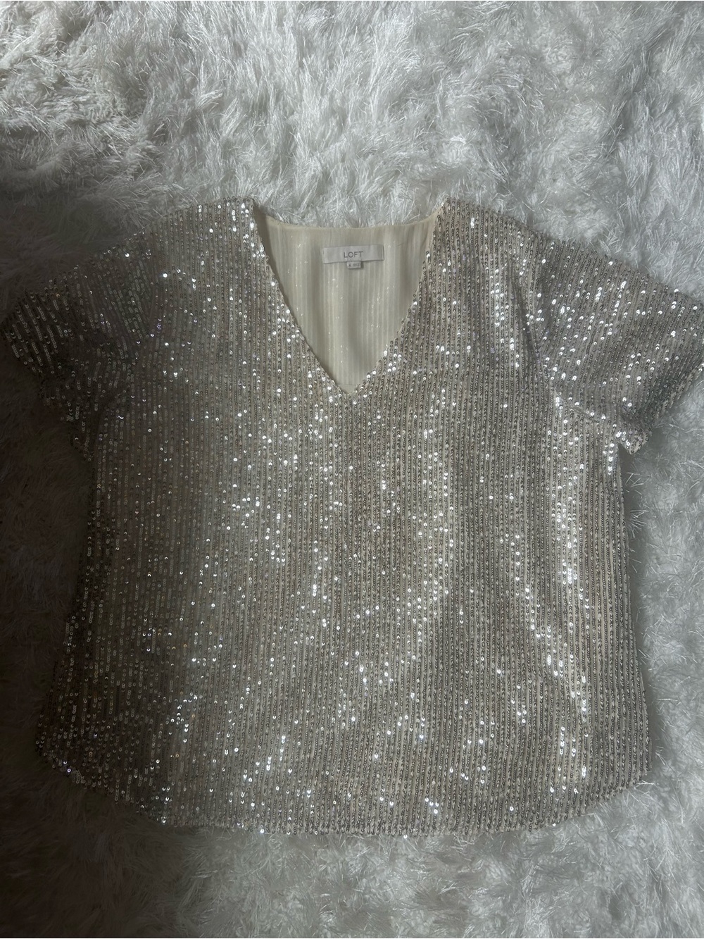 LOFT Sequin Short Sleeve V-Neck Top in Champagne